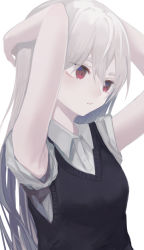 Rule 34 | 1girl, armpit peek, arms up, breasts, collared shirt, commentary request, dress shirt, eyebrows hidden by hair, grey hair, hair between eyes, highres, long hair, looking away, ogami ren, original, parted lips, red eyes, shirt, short sleeves, simple background, small breasts, solo, sweater vest, thick eyebrows, upper body, very long hair, white background, white shirt