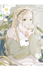 Rule 34 | 1girl, arm rest, bagel, belt, blonde hair, blue string, blush, butter knife, chair, collarbone, covered mouth, cup, double bun, drink, drinking glass, ear piercing, eating, flower, food, forehead, green belt, green hair, green jacket, hair bun, highres, holding, holding food, jacket, jacket partially removed, jewelry, leaning on table, letterboxed, looking ahead, ma yoyo, nike (company), off shoulder, original, pendant, piercing, plant, plate, polaroid, shirt, single bare shoulder, sitting, solo, strapless, strapless shirt, string, twintails, unworn belt, upper body, white flower, white shirt