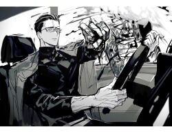Rule 34 | blood, car interior, character request, clenched hand, closed mouth, coat, coat on shoulders, explosion, glasses, greyscale, hair slicked back, highres, long sleeves, male focus, monochrome, multicolored hair, project moon, remsrar, steering wheel, streaked hair, tattoo, the distortion detective, upper body, vespa crabro