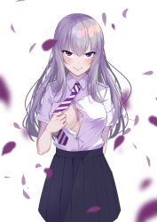 Rule 34 | 1girl, absurdres, arm behind back, breasts, buttons, closed mouth, clothes lift, clothes pull, collarbone, collared shirt, cowboy shot, dress shirt, flashing, hair between eyes, head tilt, highres, lavender shirt, light purple hair, lijiahao5103, long hair, looking at viewer, medium breasts, mole, mole under eye, necktie, no bra, open clothes, open shirt, original, petals, pulling own clothes, purple eyes, school uniform, shirt, shirt lift, shirt pull, short sleeves, sidelocks, simple background, smile, solo, standing, striped necktie, striped neckwear, underboob, white background, white shirt, wing collar