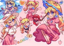 Rule 34 | 1boy, 1girl, bikini, blonde hair, blowing kiss, blue eyes, blush, bow, breasts, brooch, brown hair, character name, cleavage, deviantart username, dress, earrings, elbow gloves, eyewear on head, facial hair, gloves, hair bow, hat, heart, highres, holding, holding umbrella, innertube, instagram username, jewelry, long hair, looking at viewer, mario, mario (series), medium breasts, multiple views, mustache, nintendo, official alternate costume, one eye closed, open mouth, overalls, perry (mario), pink bow, pink dress, princess peach, princess peach (swimwear), princess peach (vacation), puffy short sleeves, puffy sleeves, red headwear, rosie (supnovagy), shirt, short sleeves, short twintails, sphere earrings, spoken heart, sunglasses, super mario odyssey, super princess peach, swim ring, swimsuit, twintails, umbrella, water, watermark, white-framed eyewear, white gloves, white shirt