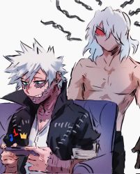 Rule 34 | 2boys, adam&#039;s apple, angry, bare arms, bare shoulders, blue eyes, boku no hero academia, burn scar, cellphone, collarbone, crown, dabi (boku no hero academia), ear piercing, earrings, eyebrows, facial scar, grin, hair between eyes, highres, jewelry, long hair, male focus, multiple boys, musical note, pale skin, phone, piercing, playing games, red eyes, scar, scar across eye, scar on arm, scar on cheek, scar on chest, scar on face, sharl0ck, shigaraki tomura, short hair, simple background, sitting, smartphone, smile, spiked hair, spoilers, standing, stitched face, stitched mouth, stitches, teeth, todoroki touya, topless male, white background, white hair