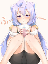 Rule 34 | 1boy, :o, bare shoulders, bike shorts, black shorts, blowing, blue hair, blush, brooch, commentary request, cup, gem, hacka doll, hacka doll 3, hair between eyes, hair ornament, half-closed eyes, headgear, highres, holding, holding cup, jewelry, knees up, long hair, looking down, male focus, misleading thumbnail, noa yj, purple eyes, shorts, simple background, sitting, solo, sound effects, spaghetti strap, steam, teacup, trap, white background, wing collar