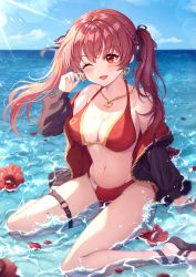 Rule 34 | 1girl, ;d, bikini, bikini under clothes, black jacket, black ribbon, blue sky, blush, breasts, cleavage, day, earrings, flower, flower on liquid, hair ribbon, heart, heart earrings, heart necklace, hibiscus, highres, hololive, hood, hooded jacket, houshou marine, houshou marine (summer), iyar, jacket, jewelry, large breasts, lens flare, long hair, looking at viewer, navel, necklace, o-ring, o-ring thigh strap, ocean, one eye closed, open mouth, outdoors, partially submerged, petals, petals on liquid, red bikini, red eyes, red flower, red hair, revision, ribbon, sitting, sky, smile, solo, sunlight, swimsuit, thigh strap, twintails, unzipped, virtual youtuber, wariza, water, wet, zipper