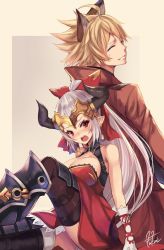 Rule 34 | 10s, 1boy, 1girl, aliza (granblue fantasy), back-to-back, blonde hair, breasts, draph, dress, erune, fukai ryosuke, granblue fantasy, horns, large breasts, long hair, pointy ears, ponytail, red dress, red eyes, silver hair, size difference, stan (granblue fantasy)
