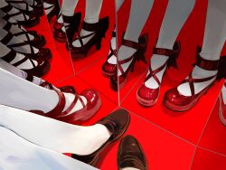 Rule 34 | 6+girls, absurdres, ankle ribbon, ankle strap, brown footwear, commentary request, cross-laced footwear, different reflection, female pov, floor, from above, highres, house of mirrors, kaname madoka, kneehighs, knees together feet apart, leg ribbon, legs, loafers, lower body, magical girl, mahou shoujo madoka magica, mahou shoujo madoka magica (anime), mary janes, mihifu, mirror, multiple girls, multiple persona, out of frame, perspective, pov, pov legs, red footwear, red ribbon, reflection, ribbon, shadow, shiny footwear, shoes, socks, symbolism, thighhighs, vanishing point, white socks, white thighhighs