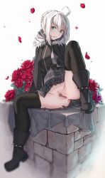 Rule 34 | 1girl, absurdres, ahoge, bad id, bad pixiv id, bar censor, black footwear, black gloves, black thighhighs, boots, braid, censored, cloak, clothes lift, commentary request, fate (series), flower, fur trim, gloves, gray (fate), green eyes, green hair, grey hair, grey skirt, highres, hood, hood down, hooded cloak, huge filesize, lifted by self, looking at viewer, lord el-melloi ii case files, no panties, parted lips, petals, pleated skirt, pussy, sidelocks, sitting, skirt, skirt lift, solo, spiked footwear, spread legs, thighhighs, transparent censoring, veilrain