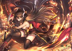 Rule 34 | 1girl, arm guards, armor, bell, black footwear, black hair, black skirt, black thighhighs, breasts, candle, commentary request, embers, headgear, highres, holding, holding sword, holding weapon, jingle bell, katana, long hair, long sleeves, looking at viewer, medium breasts, on one knee, original, planted, platform clogs, platform footwear, red eyes, red rope, revision, rope, sandals, sarashi, serious, sheath, sheathed, single sleeve, skirt, solo, sword, tabi, thighhighs, translation request, v-shaped eyebrows, very long hair, weapon, wide sleeves, yue ying jin feng