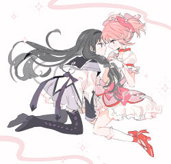 2girls akemi_homura akemi_homura_(magical_girl) argyle_clothes argyle_pantyhose black_hair black_hairband black_pantyhose blush brooch choker gloves hairband hand_in_another&#039;s_hair high_heels highres jewelry kaname_madoka kaname_madoka_(magical_girl) kneehighs long_hair looking_at_another mahou_shoujo_madoka_magica multiple_girls pantyhose parted_lips pink_eyes pink_hair pipi_o_(pipioo08) purple_eyes red_choker red_footwear shirt simple_background smile socks sparkle twintails white_background white_gloves white_shirt white_socks yuri