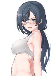 Rule 34 | 1girl, arms behind back, bare shoulders, black hair, blunt bangs, blush, bottomless, breasts, collarbone, commentary, from side, glasses, grey-framed eyewear, grey eyes, grey sports bra, large breasts, long hair, looking at viewer, looking to the side, love live!, love live! nijigasaki high school idol club, low twintails, nakagawa nana, nasuno (nasuno42), navel, open mouth, semi-rimless eyewear, simple background, solo, sports bra, standing, stomach, swept bangs, twintails, under-rim eyewear, upper body, v-shaped eyebrows, white background, yuki setsuna (love live!)
