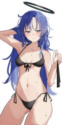 Rule 34 | 1girl, absurdres, alternate costume, alternate hair color, bikini, black bikini, blue archive, blue hair, blush, breasts, breasts apart, collarbone, front-tie bikini top, front-tie top, halo, hand in own hair, highres, holding, holding ribbon, long hair, looking at viewer, medium breasts, navel, ribbon, showtime775, side-tie bikini bottom, simple background, solo, stomach, straight hair, sweat, swimsuit, very long hair, white background, yuuka (blue archive)