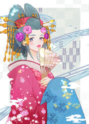 Rule 34 | 1girl, aqua eyes, aqua hair, closed mouth, commentary request, flower, hair flower, hair ornament, hair stick, hand fan, highres, holding, japanese clothes, kimono, kouzuki hiyori, lips, lipstick, looking at viewer, makeup, nihongami, oiran, one piece, pink flower, red lips, rin co coa, solo