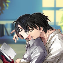 Rule 34 | 2boys, black-framed eyewear, black hair, blurry, blurry background, book, bookshelf, brown eyes, closed mouth, collared shirt, constantine xi (fate), unworn eyewear, facial hair, fate/grand order, fate (series), from side, glasses, gloves, hair between eyes, heki0529, holding, holding book, holding removed eyewear, hug, hug from behind, jitome, looking at another, mehmed ii (fate), multiple boys, plant, profile, reading, red gloves, removing eyewear, shirt, short hair, stubble, upper body, white shirt, window, yaoi