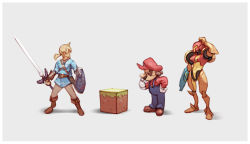 Rule 34 | 1girl, 2boys, arm cannon, armor, block (object), blouse, facial hair, gloves, grey background, hand on own chin, hand on own hip, hat, highres, holding, holding shield, holding sword, holding weapon, hylian shield, link, mario, mario (series), master sword, metroid, minecraft, multiple boys, mustache, nin nakajima, nintendo, overalls, ponytail, power armor, red headwear, red shirt, samus aran, scratching head, shield, shirt, simple background, stroking own chin, super smash bros., sword, the legend of zelda, the legend of zelda: breath of the wild, tunic, weapon, white gloves