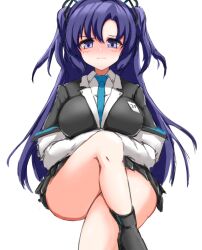 Rule 34 | 1girl, arms under breasts, bad id, bad pixiv id, blue archive, blush, boots, breasts, crossed legs, eyebrows hidden by hair, frown, halo, jacket, kanagi-san, large breasts, long hair, miniskirt, name tag, necktie, purple eyes, purple hair, simple background, sketch, skirt, solo, thick thighs, thighs, twintails, yuuka (blue archive)