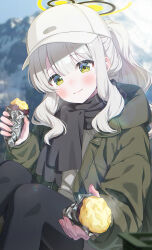 Rule 34 | 1girl, absurdres, black pantyhose, black scarf, blue archive, blush, closed mouth, fingernails, food, green eyes, green jacket, halo, hare (blue archive), hare (camp) (blue archive), hat, highres, holding, holding food, hood, hood down, hooded jacket, jacket, long hair, long sleeves, looking at viewer, momomoi momoi, official alternate costume, open clothes, open jacket, pantyhose, ponytail, scarf, smile, solo, sweet potato, white hair, white hat
