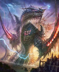 Rule 34 | castle, cloud, dragon, highres, k-takano, lightning, monster, no humans, original, shingoku no valhalla gate, sky, water