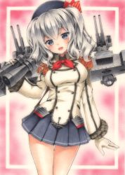 Rule 34 | 10s, 1girl, bad id, bad pixiv id, binoculars, cannon, cowboy shot, funnyfunny, gloves, grey eyes, hat, head tilt, kantai collection, kashima (kancolle), long hair, long sleeves, looking at viewer, marker, military, military uniform, open mouth, shirt, silver hair, skirt, smile, solo, thighs, traditional media, twintails, uniform, white gloves