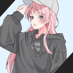 Rule 34 | 1girl, bang dream!, bang dream! it&#039;s mygo!!!!!, baseball cap, black background, black hoodie, blue background, blue eyes, bright pupils, chihaya anon, commentary request, drawstring, ear piercing, fang, hat, highres, hood, hoodie, long hair, long sleeves, nanami (nunnun 0410), open mouth, piercing, pink hair, skin fang, solo, two-tone background, upper body, white hat, white pupils