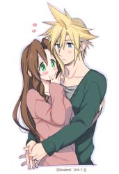 Rule 34 | 1boy, 1girl, 2016, aerith gainsborough, bad id, bad pixiv id, blonde hair, blue eyes, blush, brown hair, cardigan, closed mouth, cloud strife, couple, cropped torso, dated, earrings, final fantasy, final fantasy vii, green cardigan, green eyes, hair intakes, heart, hetero, hug, jewelry, krudears, long hair, long sleeves, looking at another, pink sweater, shadow, simple background, sleeves past wrists, spiked hair, sweater, twitter username, upper body, very long hair, white background