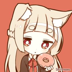 Rule 34 | 1girl, animal ear fluff, artist name, profile picture, blunt bangs, blush, bow, bowtie, braid, brown hair, brown jacket, doughnut, food, french braid, holding, holding food, jacket, long sleeves, lowres, open mouth, original, red background, red bow, red bowtie, red eyes, shironappa, shirt, sidelocks, solo, triangle mouth, white shirt, yuruneko shoujo