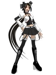 Rule 34 | 1girl, 3d, android, belt, black hair, boots, bow, brown hair, buckle, bug, calne ca (deino), cross-laced footwear, crustacean, deino (deino3330), full body, hair bow, hair ribbon, hand on own hip, hat, highres, isopod, jewelry, lace-up boots, long hair, looking at viewer, midriff, nail polish, nato-kun, navel, necktie, open mouth, original, red eyes, ribbon, simple background, skirt, solo, suspenders, thighhighs, very long hair, vocaloid, white background