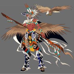 Rule 34 | 1boy, animal, arm wrap, armor, bird, bird wings, black cape, blue pupils, boots, brown hair, brown wings, cape, covered mouth, dark-skinned male, dark skin, eagle, eda, feathered wings, full body, grey background, hand on own shoulder, hand up, holding, holding staff, leg armor, looking at viewer, male focus, native american, original, scar, scar on arm, scar on chest, scar on face, scar on nose, sidelocks, solo, staff, standing, two-sided fabric, visor, white cape, wings, yellow eyes