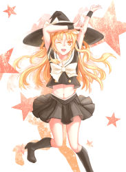 Rule 34 | 1girl, \m/, alternate costume, arms up, blonde hair, boots, bow, braid, crop top, crop top overhang, gesture, hat, kirisame marisa, large bow, long hair, luoye, midriff, navel, one eye closed, open mouth, pleated skirt, simple background, single braid, skirt, solo, star (symbol), touhou, white background, witch hat, wristband