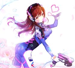 Rule 34 | 1girl, 2017, animal print, armor, ass, bad id, bad pixiv id, blue bodysuit, bodysuit, boots, bracer, breasts, brown eyes, brown hair, blowing bubbles, charm (object), chewing gum, copyright notice, cowboy shot, d.va (overwatch), dated, emblem, facepaint, facial mark, flower, from side, gloves, gun, hair between eyes, hand up, handgun, headphones, heart, high collar, highres, holding, holding gun, holding weapon, knee pads, legs apart, logo, long hair, long sleeves, looking at viewer, medium breasts, overwatch, overwatch 1, pauldrons, petals, pilot suit, rabbit print, ribbed bodysuit, shoulder armor, shoulder pads, skin tight, solo, standing, swept bangs, thigh boots, thigh strap, thighhighs, trigger discipline, ttaji (pass35), w, water, water drop, weapon, whisker markings, white footwear, white gloves