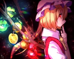 Rule 34 | 1girl, apple, black background, blonde hair, closed mouth, collar, dress, flandre scarlet, food, fruit, hair between eyes, hand up, hat, highres, light, looking at viewer, mob cap, mozuno (mozya 7), multicolored wings, nail polish, one-hour drawing challenge, ponytail, puffy short sleeves, puffy sleeves, red dress, red eyes, red nails, shadow, shirt, short hair, short sleeves, simple background, smile, solo, touhou, white hat, white shirt, white sleeves, wings, yellow neckwear