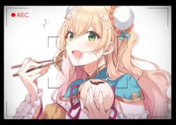 Rule 34 | 1girl, baozi, blonde hair, blush, breasts, bun cover, chinese clothes, detached sleeves, double bun, dumpling, eating, fang, flower, food, frilled sleeves, frills, green eyes, hair between eyes, hair bun, hair flower, hair ornament, holding, holding food, hololive, jiaozi, long hair, looking at viewer, momosuzu nene, momosuzu nene (old design), open mouth, recording, skin fang, solo, surprised, sweatdrop, tomari (veryberry00), v-shaped eyebrows, viewfinder, virtual youtuber, wide sleeves