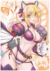 Rule 34 | !, 1girl, animal ear fluff, animal ears, animal hands, artoria pendragon (all), artoria pendragon (fate), bare shoulders, bell, belt, black belt, black bra, black panties, black thighhighs, blonde hair, blush, bra, breasts, cat, cat ears, cat tail, cigar cat, cleavage, detached sleeves, fate/stay night, fate (series), gloves, hair between eyes, jingle bell, large breasts, long hair, looking at viewer, mysterious heroine x alter (fate), navel, open mouth, panties, paw gloves, ponytail, red ribbon, ribbon, saber alter, sidelocks, spoken exclamation mark, tail, thighhighs, thighs, underwear, wide sleeves, yellow eyes
