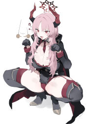 Rule 34 | 1girl, @ @, absurdres, black gloves, blue archive, blush, bra, breasts, cleavage, demon horns, fang, gloves, halo, highres, horns, hypnosis, large breasts, long hair, mind control, mole, mole on breast, necktie, open mouth, pink hair, red eyes, red necktie, satsuki (blue archive), sh (shinh), smile, solo, squatting, sweat, thighs, underwear, white background