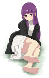 Rule 34 | 1girl, black robe, blunt bangs, bright pupils, closed mouth, commentary request, feet, fern (sousou no frieren), full body, highres, legs together, long hair, looking at viewer, making-of available, noa (nagareboshi), purple eyes, purple hair, robe, simple background, sitting, sketch, smile, soles, solo, sousou no frieren, turtleneck, white background, white pupils