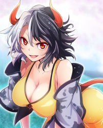 Rule 34 | 1girl, :d, animal ears, animal print, ashiroku (miracle hinacle), bare shoulders, black hair, blurry, blurry background, breasts, cleavage, collarbone, commentary request, cow ears, cow horns, cow print, cow tail, cowboy shot, hair between eyes, haori, highres, horns, japanese clothes, large breasts, leaning forward, long sleeves, looking at viewer, multicolored hair, off shoulder, open mouth, red eyes, short hair, silver hair, skirt, smile, solo, split-color hair, sports bra, standing, tail, tongue, tongue out, touhou, two-tone hair, ushizaki urumi, wide sleeves, yellow skirt