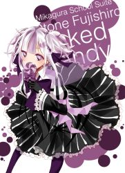 Rule 34 | 10s, 1girl, bad id, bad pixiv id, black gloves, bow, candy, character name, food, fujishiro otone, gloves, hair ribbon, highres, lollipop, looking at viewer, mikagura gakuen kumikyoku, multicolored hair, purple hair, ribbon, sekirara candy (vocaloid), simple background, skirt, smile (violet), solo, twintails, two-tone hair, vocaloid, white hair