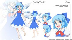 Rule 34 | 1girl, :d, barefoot, blouse, blue bow, blue dress, blue eyes, blue hair, bow, breasts, character sheet, cirno, clenched hand, closed mouth, danmaku!!, dot nose, dress, english text, hair bow, half updo, hand up, happy, highres, ice, ice wings, looking at viewer, multiple views, neck ribbon, open mouth, puffy short sleeves, puffy sleeves, raised eyebrows, red ribbon, ribbon, round teeth, shirt, short dress, short hair, short sleeves, small breasts, smile, soles, standing, standing on one leg, studio yuraki, teeth, touhou, turnaround, white shirt, wing collar, wings, zoom layer