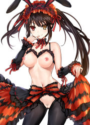 Rule 34 | 1girl, animal ears, asle, bare shoulders, black hair, black legwear, black sleeves, bow, breasts, brown eyes, closed mouth, collarbone, date a live, detached sleeves, fake animal ears, female pubic hair, frilled bow, frilled sleeves, frills, hairband, lolita hairband, long sleeves, looking at viewer, medium breasts, meme attire, navel, nipples, pubic hair, pussy, rabbit ears, red bow, red eyes, red ribbon, reverse bunnysuit, reverse outfit, ribbon, sidelocks, simple background, smile, solo, tokisaki kurumi, twintails, uneven twintails, v-shaped eyebrows, white background