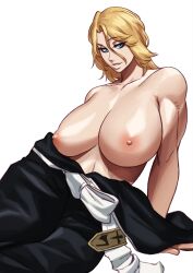 Rule 34 | 1girl, absurdres, arm support, bare shoulders, biceps, black kimono, bleach, blonde hair, blue eyes, breasts, female focus, highres, huge breasts, japanese clothes, kimono, lips, looking at viewer, matsumoto rangiku, medium hair, mole, mole under mouth, sitting, solo, sotcho, topless