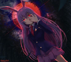 Rule 34 | 1girl, animal ears, bamboo, bamboo forest, black jacket, blazer, buttons, cowboy shot, crescent, crescent pin, dutch angle, forest, glowing, glowing eyes, hair between eyes, hand over eye, highres, jacket, leaf, light purple hair, long hair, long sleeves, looking at viewer, moon, nature, necktie, night, parted lips, pink skirt, rabbit ears, red eyes, red moon, red necktie, reisen udongein inaba, rerubixi, skirt, solo, touhou, twitter username, very long hair