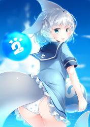 Rule 34 | 1girl, :d, absurdres, ascot, ball, beach, blue eyes, blue hair, blue sky, blush, cetacean tail, commentary request, common bottlenose dolphin (kemono friends), cowboy shot, day, dorsal fin, dress, fins, fish tail, frilled dress, frills, grey hair, hair between eyes, head fins, highres, holding, japari symbol, kanzakietc, kemono friends, kemono friends 2, looking at viewer, medium hair, multicolored hair, ocean, open mouth, outdoors, panties, pantyshot, polka dot, polka dot panties, sailor collar, sailor dress, short hair, short sleeves, sky, smile, solo, standing, tail, underwear, upskirt, water, white hair, white panties