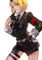 Rule 34 | 1girl, aiguillette, armband, belt, belt over clothes, black gloves, black hat, black jacket, black necktie, blazer, blonde hair, breasts, brooch, buttons, chongning, closed mouth, collared shirt, commentary, contrapposto, cowboy shot, cross, eyelashes, from side, girls&#039; frontline, glove in mouth, gloves, half gloves, hand up, hat, iron cross, jacket, jewelry, leaning forward, lips, long sleeves, looking at viewer, looking to the side, medium breasts, military, military hat, military uniform, mouth hold, mp40 (girls&#039; frontline), necktie, orange eyes, parted bangs, removing glove, shirt, short hair, simple background, sleeve cuffs, solo, standing, thigh strap, uniform, white background, white belt, white shirt, wing collar