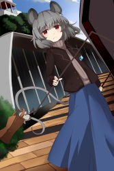 Rule 34 | 1girl, alternate costume, animal ears, bag, black coat, blue skirt, casual, closed mouth, coat, commentary request, contemporary, day, dowsing rod, dutch angle, frown, grey hair, highres, holding, jewelry, long skirt, looking at viewer, mouse ears, mouse tail, nazrin, outdoors, pendant, red eyes, revision, short hair, skirt, solo, standing, tail, touhou, winu (hertrion)