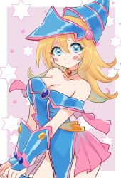 Rule 34 | 1girl, :t, aqua eyes, bare shoulders, blonde hair, blue dress, blue hat, blush stickers, bracer, breasts, cleavage, closed mouth, collarbone, dark magician girl, dot nose, dress, duel monster, gem, gold choker, hair between eyes, hat, highres, holding, holding wand, large breasts, long hair, looking at viewer, pentacle, pink background, pink dress, pink hat, pink skirt, pink trim, pout, red gemstone, skirt, solo, star (symbol), star in eye, starry background, sukoyaka (100hituzi), symbol in eye, tearing up, thighs, two-tone dress, two-tone headwear, v arms, wand, white background, wizard hat, yu-gi-oh!, yu-gi-oh! duel monsters