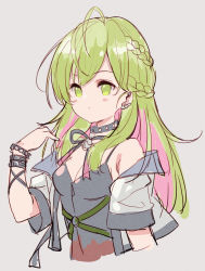 Rule 34 | 1girl, :o, ahoge, bare shoulders, black camisole, black collar, blush, braid, breasts, camisole, cleavage, collar, cropped torso, ear piercing, green eyes, green hair, grey background, grey jacket, hand up, highres, jacket, long hair, medium breasts, meito (maze), morinaka kazaki, multicolored hair, nijisanji, off shoulder, open clothes, open jacket, parted lips, piercing, pink hair, short sleeves, simple background, solo, studded bracelet, studded collar, two-tone hair, upper body, very long hair, virtual youtuber