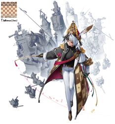 Rule 34 | 1girl, absurdres, belt, bishop (chess), black gloves, black hair, board game, cat, checkered clothes, chess, chess piece, chessboard, dog, epaulettes, fringe trim, full body, glasses, gloves, hand in pocket, hat, hat feather, highres, horse, jewelry, king (chess), knight (chess), long coat, multicolored hair, necklace, original, pawn (chess), personification, queen (chess), red eyes, rinotuna, rook (chess), split-color hair, throne, two-tone hair, white background, white hair