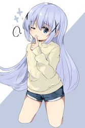 Rule 34 | ..., 1girl, ;), blue eyes, blue hair, blue shorts, blush, brown sweater, closed mouth, commentary request, cropped legs, finger to mouth, gochuumon wa usagi desu ka?, grey background, hair between eyes, hair ornament, highres, houjichaoic, kafuu chino, long hair, long sleeves, one eye closed, short shorts, shorts, shushing, sleeves past wrists, smile, solo, spoken ellipsis, sweater, two-tone background, very long hair, white background, x hair ornament