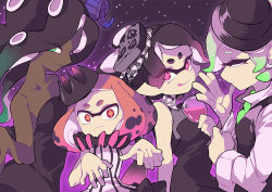 Rule 34 | 4girls, :q, adjusting sleeves, alcohol, alternate eye color, ascot, bare shoulders, black dress, black hair, black headwear, black vest, blunt bangs, callie (splatoon), closed eyes, closed mouth, commentary, cousins, cross-shaped pupils, crown, cup, dark-skinned female, dark skin, dress, dress shirt, drinking glass, english commentary, frown, gomipomi, gradient hair, green ascot, green hair, half-closed eyes, halloween, halloween costume, hat, holding, holding cup, inkling, licking lips, long hair, long sleeves, looking at viewer, marie (splatoon), marina (splatoon), mole, mole under eye, mole under mouth, multicolored hair, multiple girls, night, night sky, nintendo, octoling, pearl (splatoon), pointy ears, popped collar, purple eyes, red eyes, red hair, reverse trap, shirt, short hair, sky, sleeveless, sleeveless dress, smile, splatoon (series), star (sky), starry sky, strapless, strapless dress, suction cups, swept bangs, symbol-shaped pupils, tentacle hair, tilted headwear, tongue, tongue out, top hat, vest, white dress, white shirt, wine, wine glass