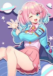 Rule 34 | 1girl, absurdres, blue eyes, blue hair, blue jacket, collared shirt, deadnooodles, gradient hair, hair ornament, hands up, highres, indie virtual youtuber, jacket, long sleeves, looking at viewer, medium hair, multicolored hair, neck ribbon, one eye closed, open clothes, open jacket, open mouth, pink hair, pink ribbon, pink shirt, pink skirt, planet hair ornament, ribbon, second-party source, shirt, skirt, smile, solo, star (symbol), star uanko, twintails, virtual youtuber