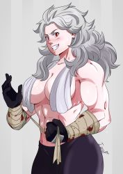 Rule 34 | 1girl, abs, absurdres, artist name, bandages, blood, breasts, cleavage, clenched hand, collarbone, commentary, dorohedoro, ear piercing, earrings, grin, hand wraps, highres, iaranaika, jewelry, large breasts, long hair, looking at viewer, muscular, muscular female, noi (dorohedoro), pants, piercing, portuguese commentary, red eyes, simple background, smile, solo, standing, sweat, sweatdrop, tall, tall female, teeth, topless, towel, towel around neck, upper body